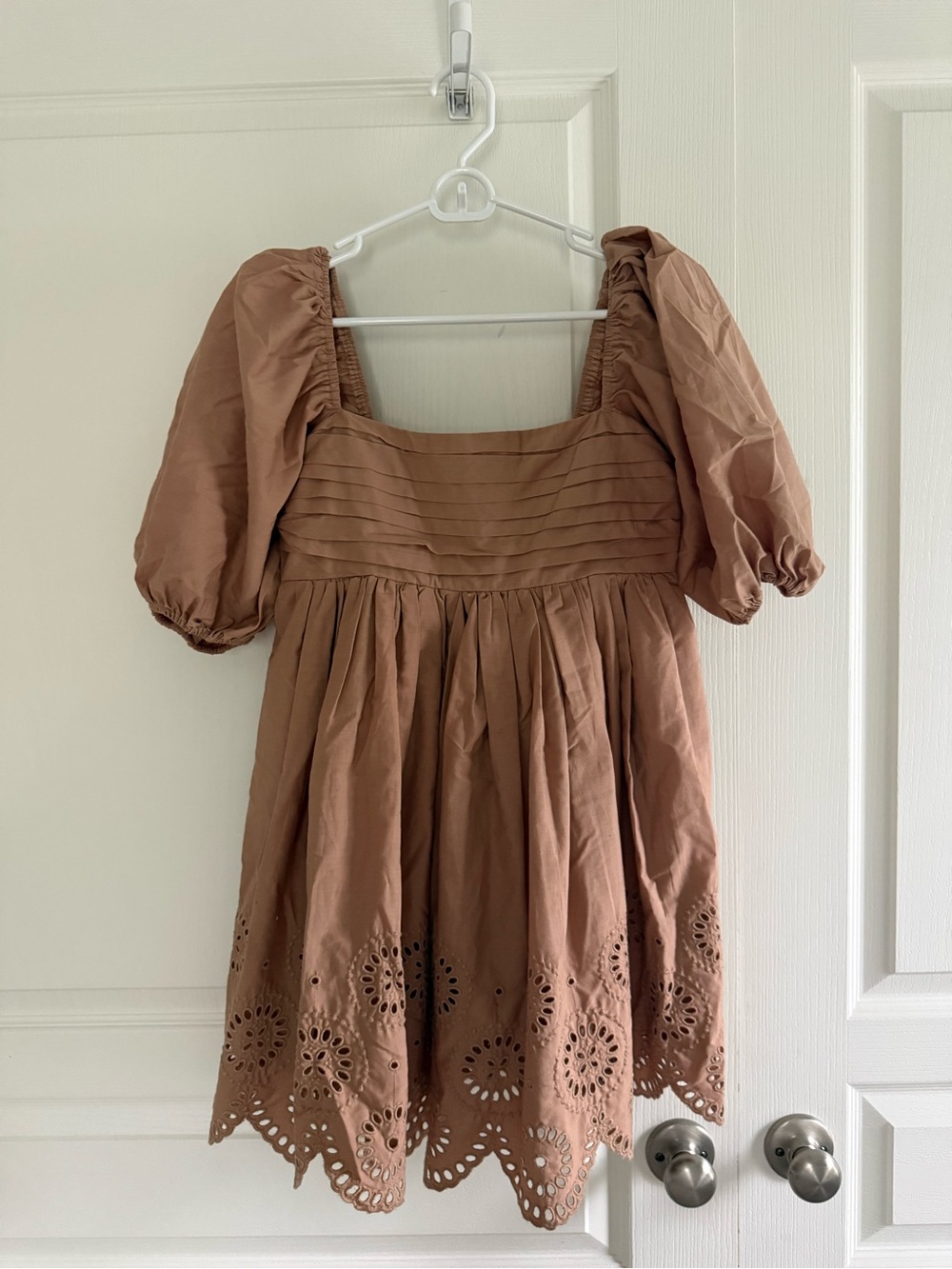 Abercrombie & Fitch Brown Puff-Sleeve Eyelet Mini Dress